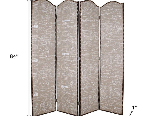 84" Tan Fabric Folding Four Panel Screen Room Divider