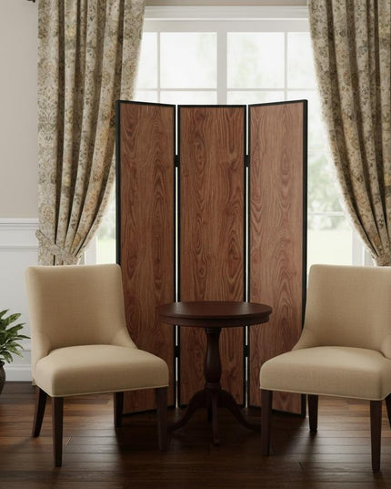 71" Brown Wood Folding Three Panel Screen Room Divider