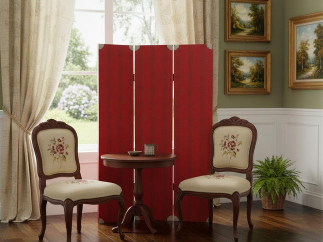 71" Red Wood Folding Three Panel Screen Room Divider