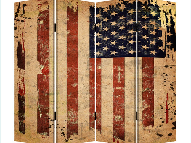 84" Red Natural And Blue American Flag Reversible Canvas Folding Four Panel Room Divider