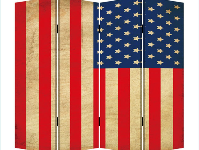 84" Red Natural And Blue American Flag Reversible Canvas Folding Four Panel Room Divider