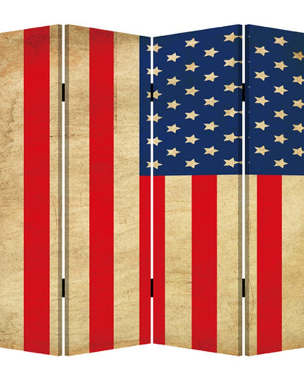 84" Red Natural And Blue American Flag Reversible Canvas Folding Four Panel Room Divider