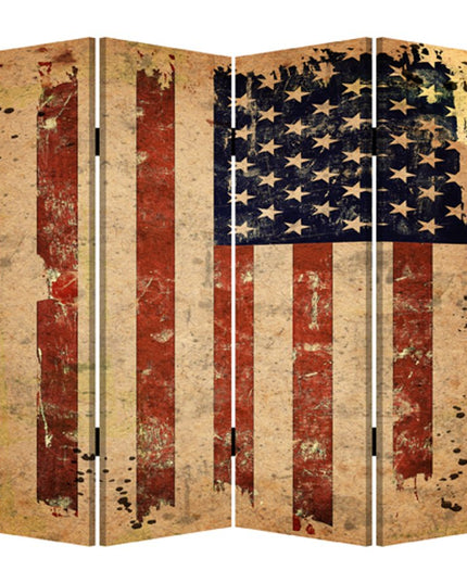 84" Red Natural And Blue American Flag Reversible Canvas Folding Four Panel Room Divider