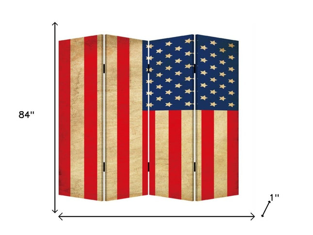 84" Red Natural And Blue American Flag Reversible Canvas Folding Four Panel Room Divider
