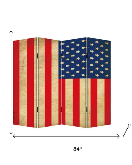 84" Red Natural And Blue American Flag Reversible Canvas Folding Four Panel Room Divider