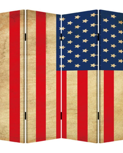 84" Red Natural And Blue American Flag Reversible Canvas Folding Four Panel Room Divider
