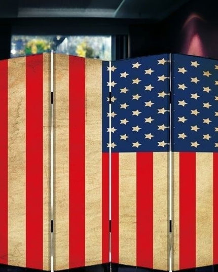 84" Red Natural And Blue American Flag Reversible Canvas Folding Four Panel Room Divider