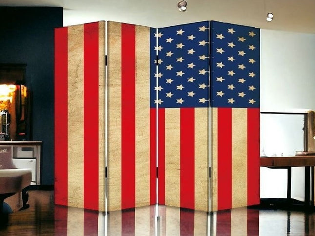 84" Red Natural And Blue American Flag Reversible Canvas Folding Four Panel Room Divider