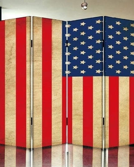 84" Red Natural And Blue American Flag Reversible Canvas Folding Four Panel Room Divider