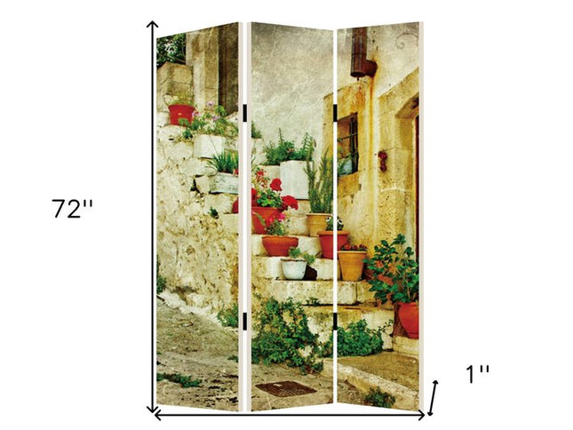 72" Beige Canvas Folding Three Panel Screen Room Divider