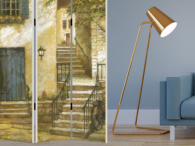 72" Beige Canvas Folding Three Panel Screen Room Divider