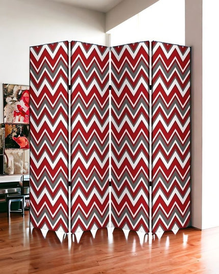 84" X 84" Red And Gray Wood Canvas Screen