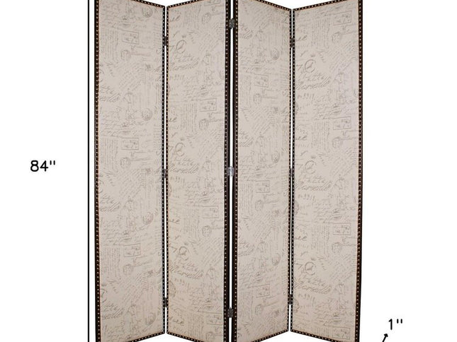84" Tan Fabric Folding Four Panel Screen Room Divider