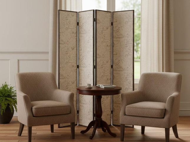 84" Tan Fabric Folding Four Panel Screen Room Divider
