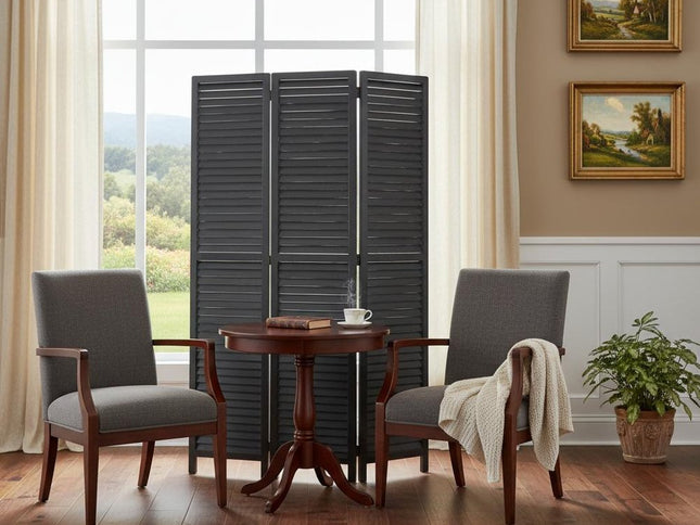 67" Black Wood Folding Three Panel Screen Room Divider