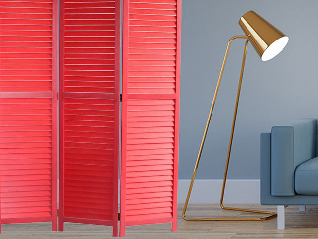 67" Red Wood Folding Three Panel Screen Room Divider