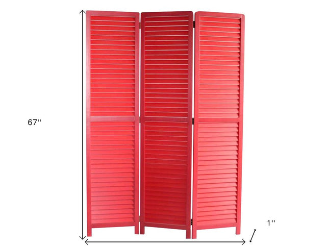 67" Red Wood Folding Three Panel Screen Room Divider