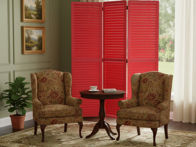 67" Red Wood Folding Three Panel Screen Room Divider
