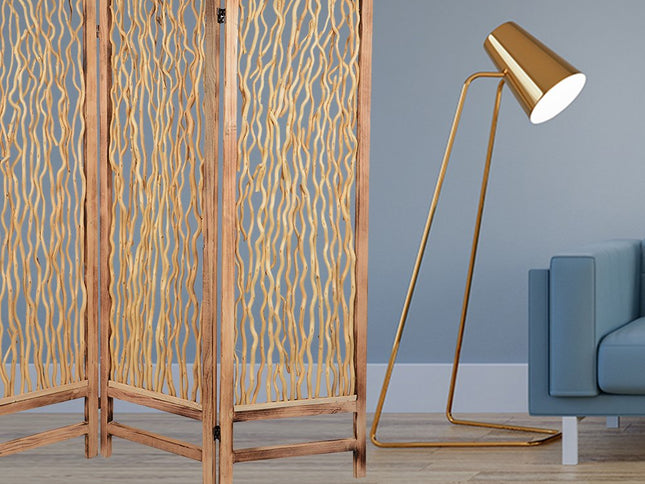 69" Brown Wood Folding Three Panel Screen Room Divider