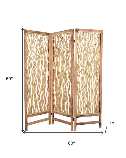 69" Brown Wood Folding Three Panel Screen Room Divider