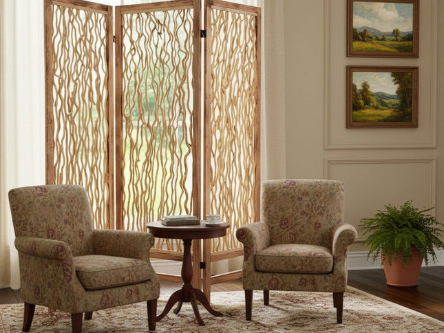 60 X 69 Brown 3 Panel Wood Foldable  Screen