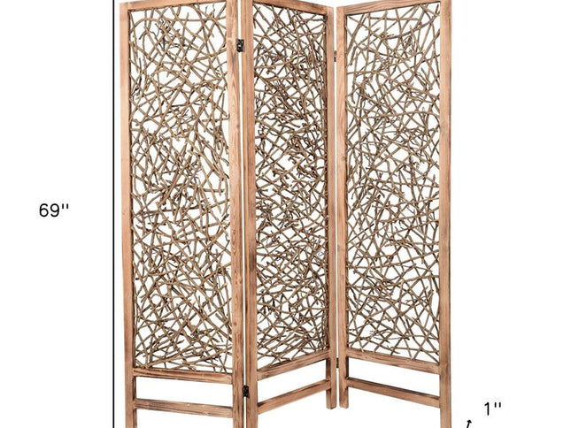 69" Brown Wood Folding Three Panel Screen Room Divider