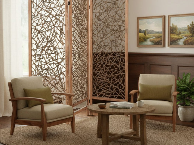 69" Brown Wood Folding Three Panel Screen Room Divider