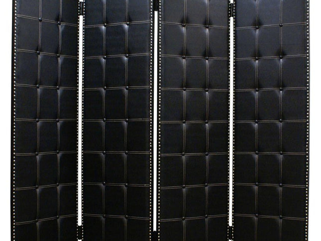 84" Black Faux Leather Folding Four Panel Screen Room Divider