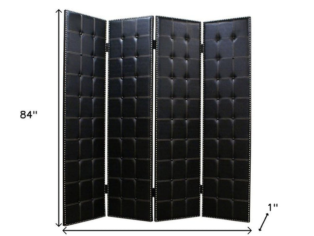 84" Black Faux Leather Folding Four Panel Screen Room Divider