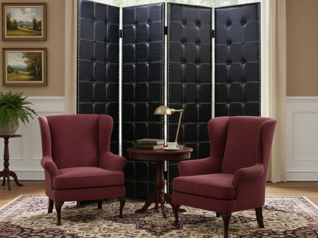 84" Black Faux Leather Folding Four Panel Screen Room Divider