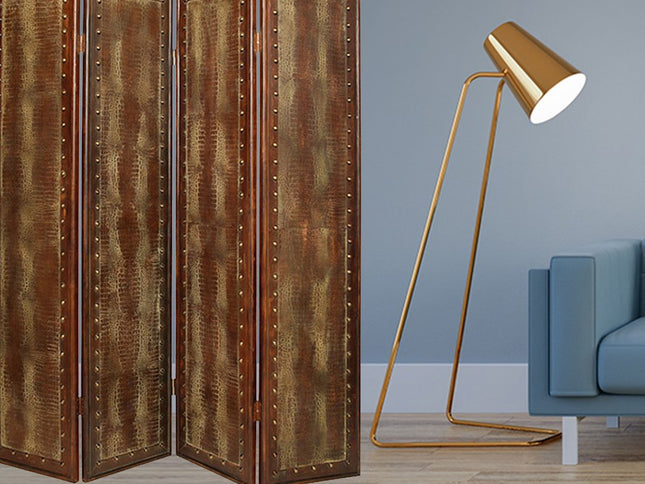 84" Brown Faux Leather Folding Four Panel Screen Room Divider