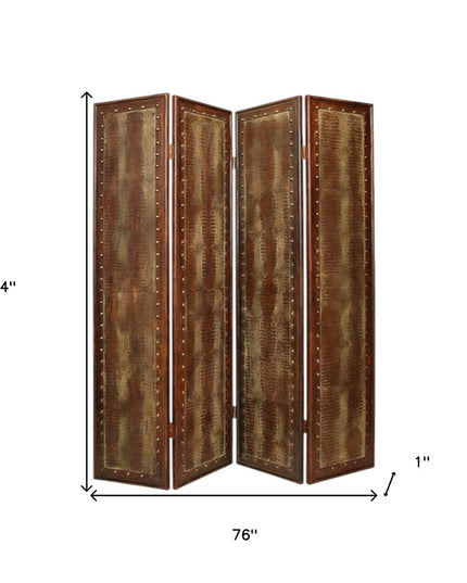 84" Brown Faux Leather Folding Four Panel Screen Room Divider