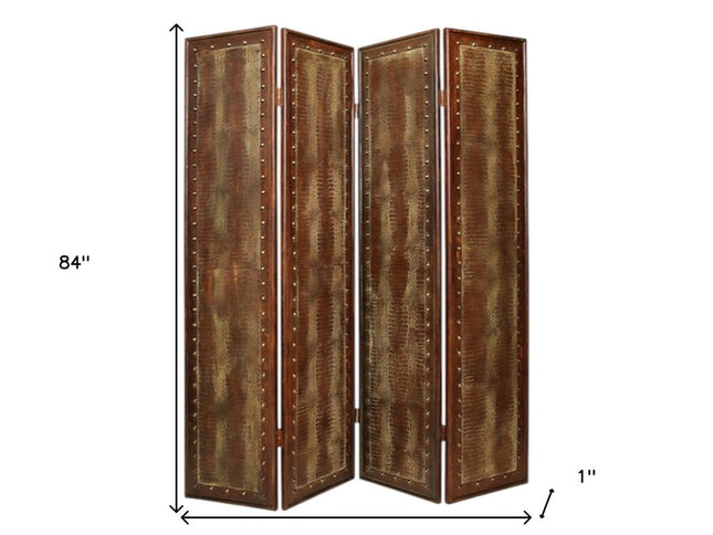 84" Brown Faux Leather Folding Four Panel Screen Room Divider