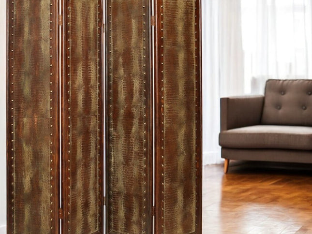 84" Brown Faux Leather Folding Four Panel Screen Room Divider