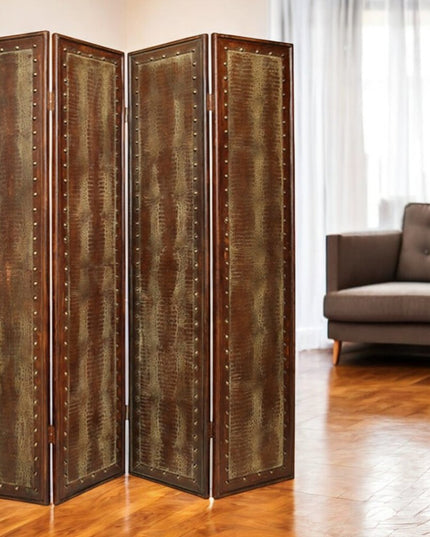 84" Brown Faux Leather Folding Four Panel Screen Room Divider