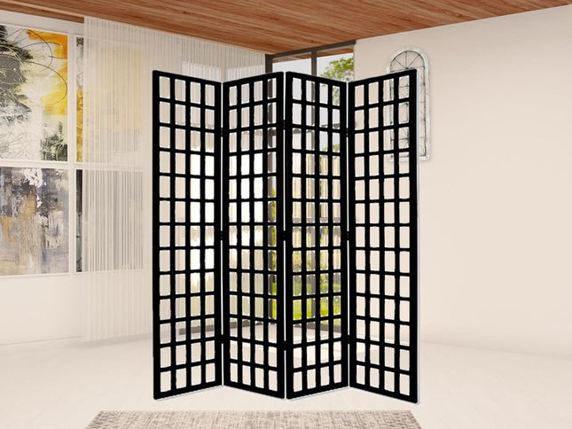 96" Black And White Folding Four Panel Screen Room Divider