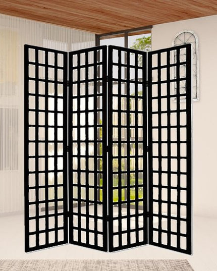 96" Black And White Folding Four Panel Screen Room Divider