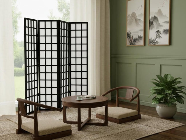 96" Black And White Folding Four Panel Screen Room Divider