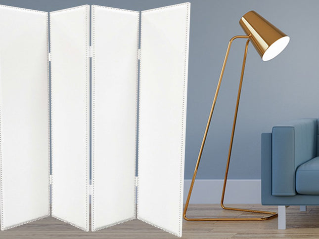 84" White Faux Leather Folding Four Panel Screen Room Divider