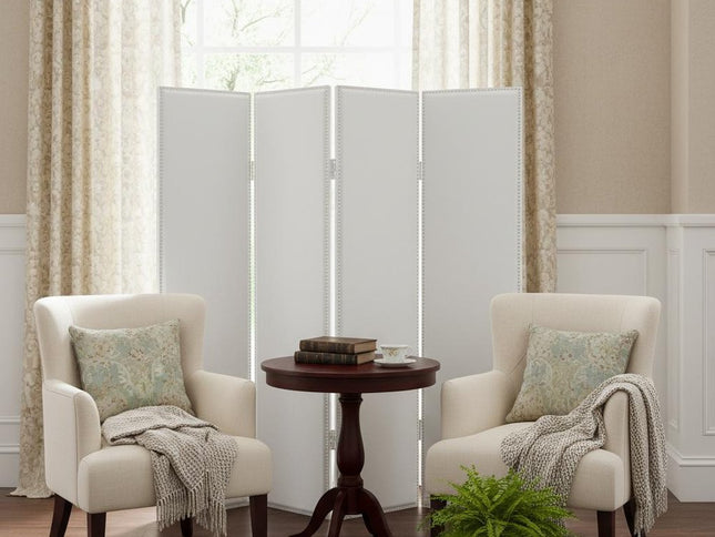 84" White Faux Leather Folding Four Panel Screen Room Divider