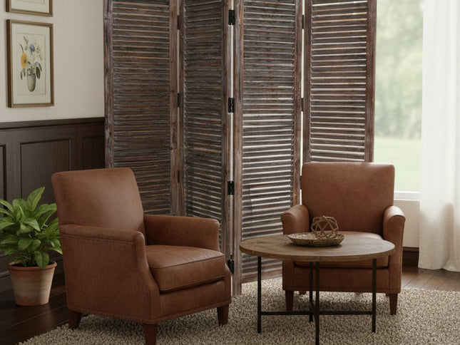 84" Brown Wood Folding Four Panel Screen Room Divider