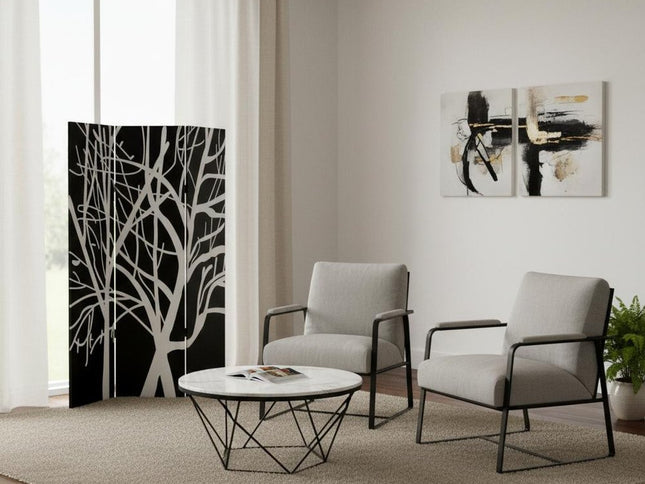 72" Black And White Canvas Folding Three Panel Screen Room Divider