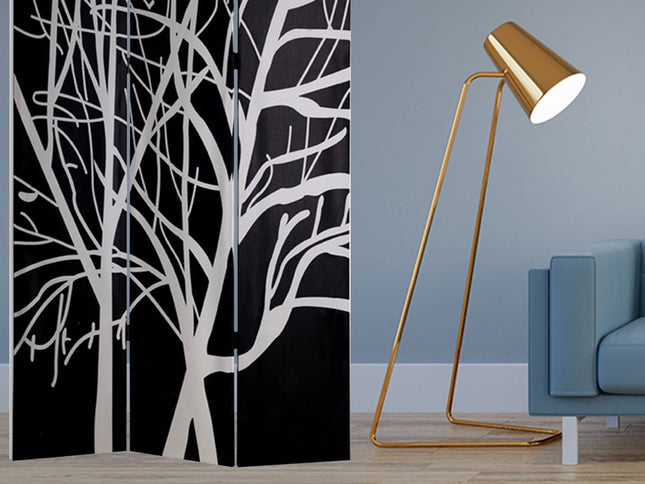 72" Black And White Canvas Folding Three Panel Screen Room Divider