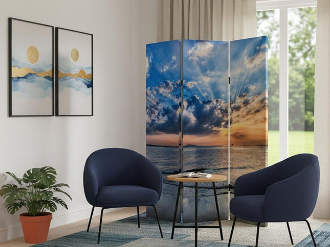 72" Blue Canvas Folding Three Panel Screen Room Divider