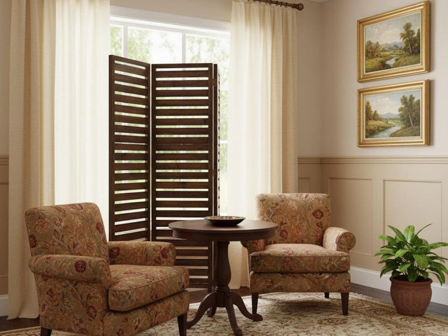 72" Brown Wood Folding Three Panel Screen Room Divider