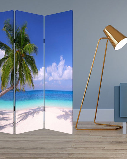 72" Blue And Green Canvas Folding Three Panel Screen Room Divider