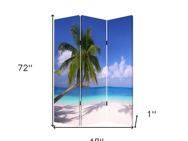 72" Blue And Green Canvas Folding Three Panel Screen Room Divider