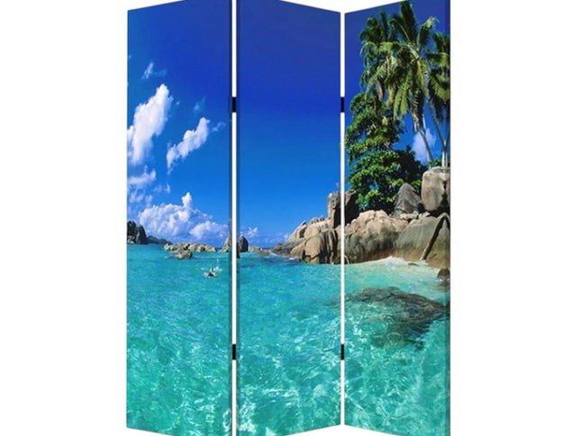 72" Blue And Green Canvas Folding Three Panel Screen Room Divider