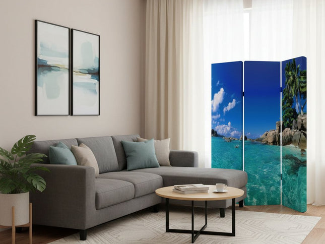 72" Blue And Green Canvas Folding Three Panel Screen Room Divider