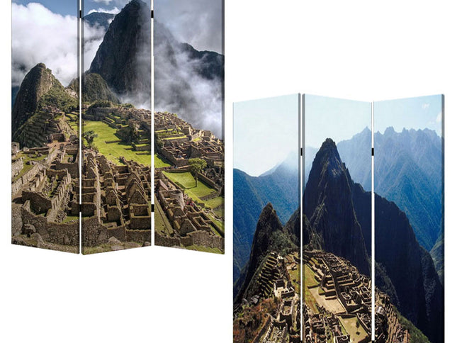 48" X 72" Multi Color Wood Canvas Machu Picchu  Screen